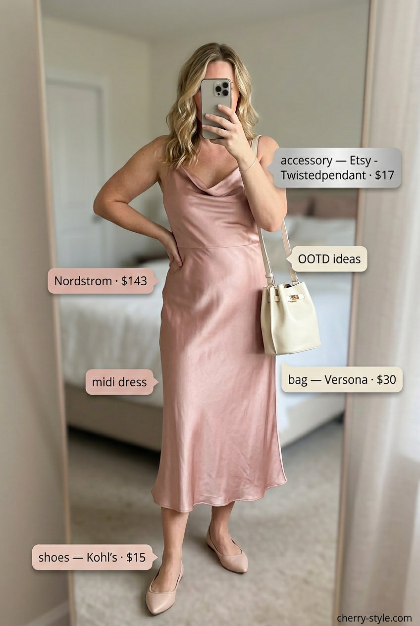 What to Wear with Slip Dress Summer 2026: Blush pink midi slip dress, ivory bag & nude flats for a romantic date.