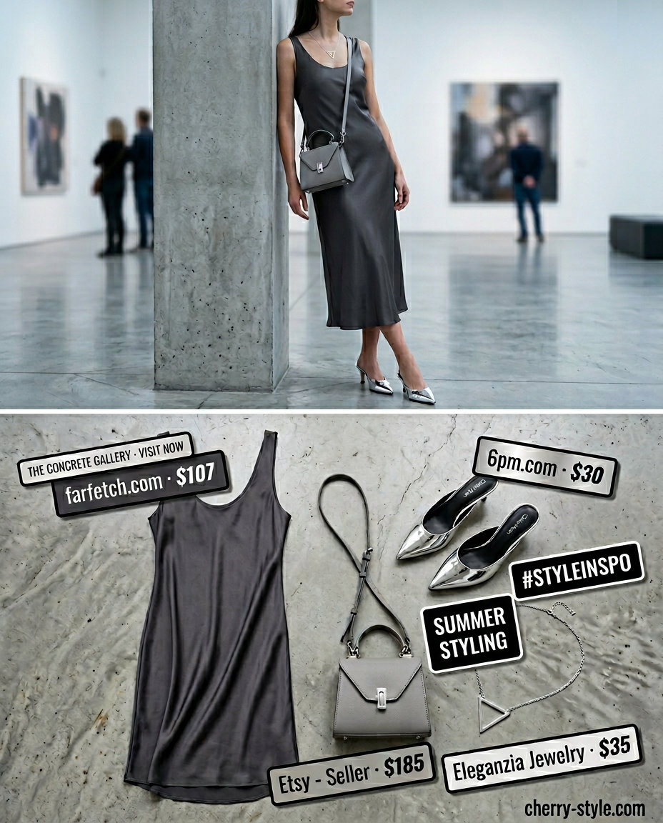 What to Wear with Slip Dress Summer 2026: Charcoal grey slip dress, silver mules & structured bag for an elegant event.