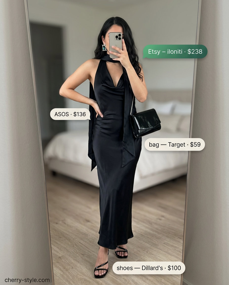 Sophisticated black slip dress outfit with emerald green statement earrings and silver heels for a summer evening.