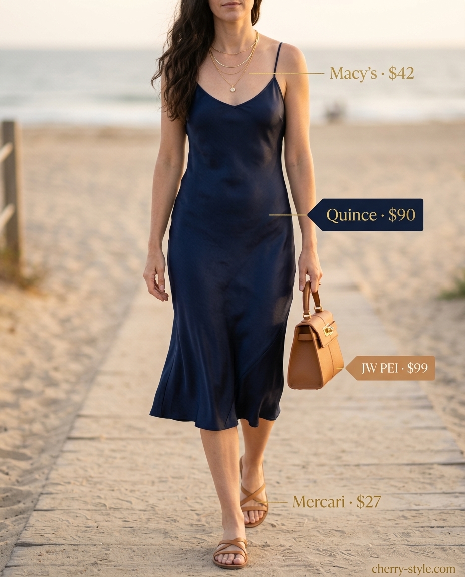 What to Wear with Slip Dress Summer 2026: Navy slip dress, gold necklaces & flat sandals for seaside chic.