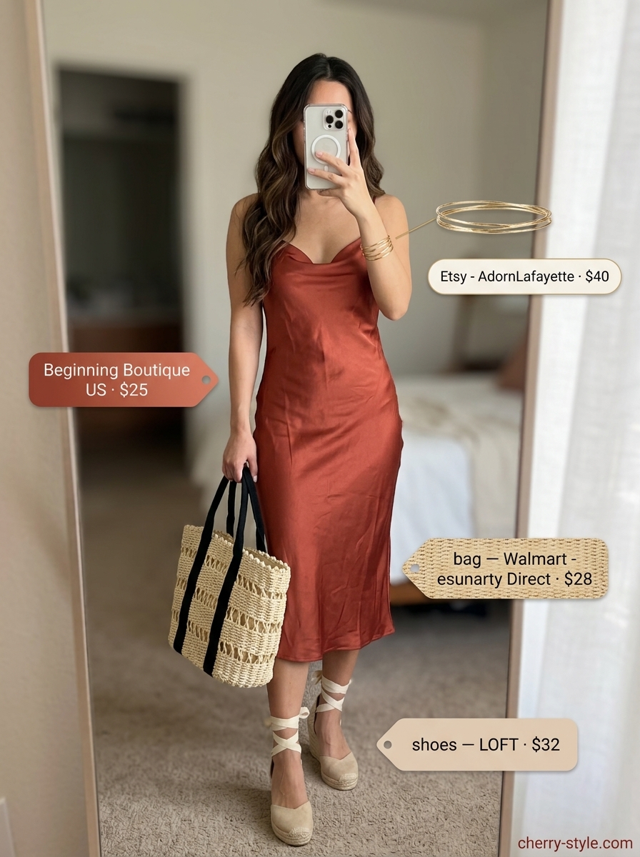 What to Wear with Slip Dress Summer 2026: Terracotta midi slip dress, espadrilles & straw tote for vacation dinners.