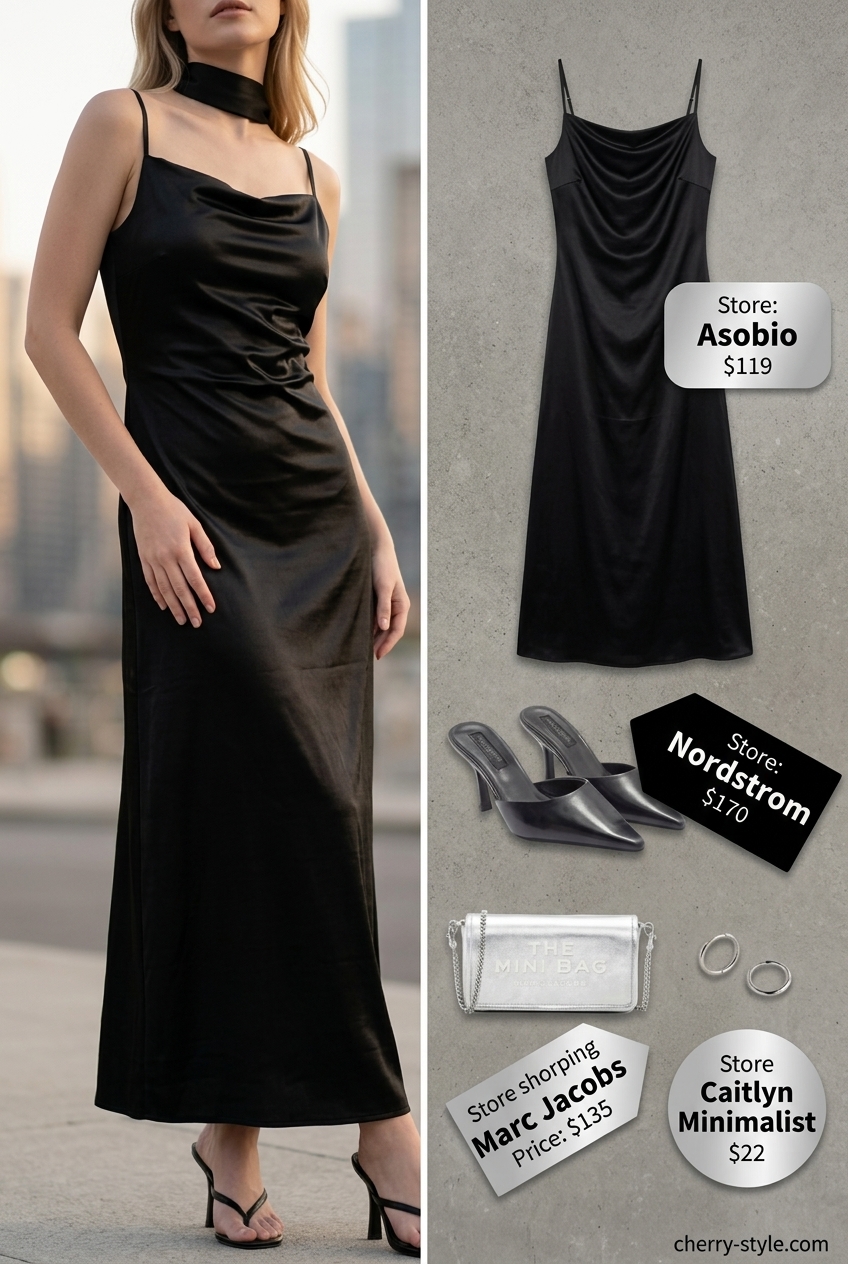Chic black satin slip dress with pointed-toe mules and silver hoop earrings for a modern city look.