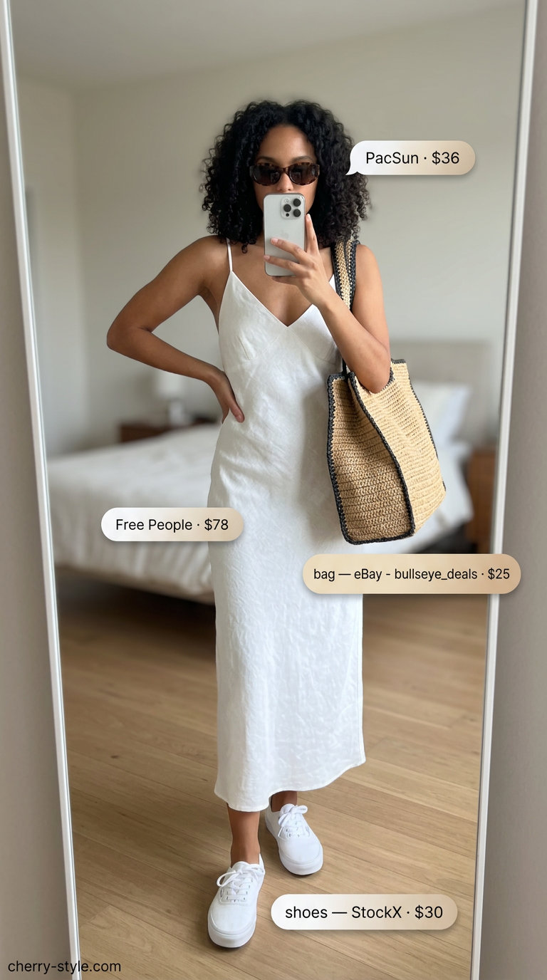 White midi slip dress with canvas sneakers & straw tote for a fresh coastal summer look.