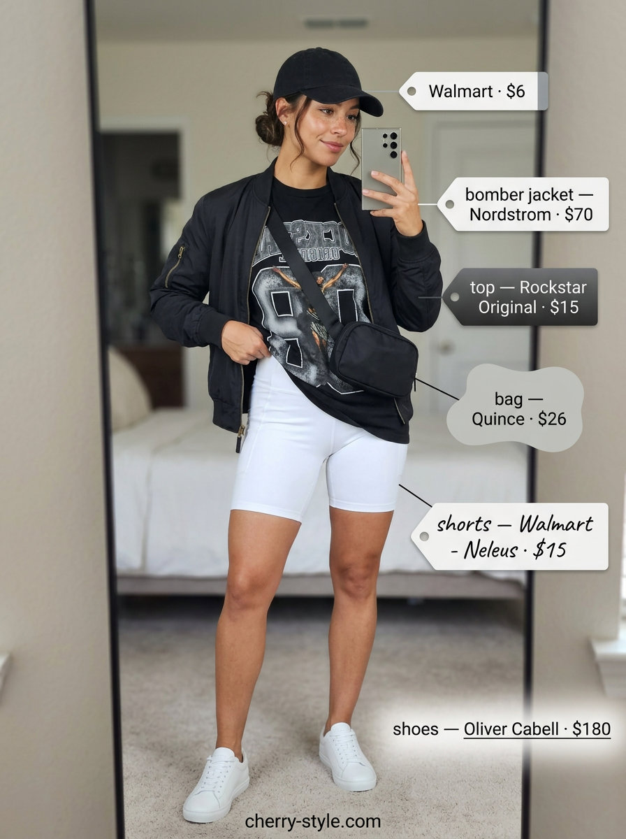 Athleisure White Shorts Outfit 2026 What to Wear with White Shorts Summer 2026: Athleisure outfit with white biker shorts, graphic tee, and bomber jacket.
