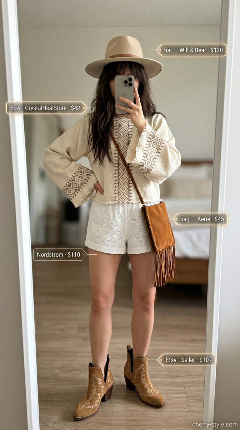 Boho White Shorts Outfit Summer 2026 What to Wear with White Shorts Summer 2026: Bohemian festival outfit with embroidered white shorts, flowy blouse, suede boots, and hat.