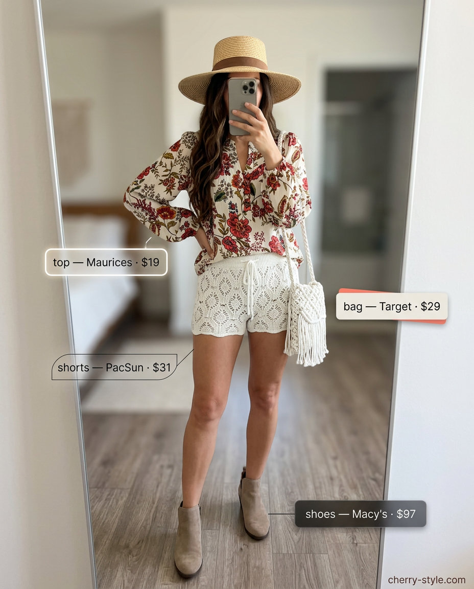 Boho Vibes: What to Wear with White Shorts Summer 2026 What to Wear with White Shorts Summer 2026: Boho festival outfit with crochet shorts, floral blouse, and suede boots.
