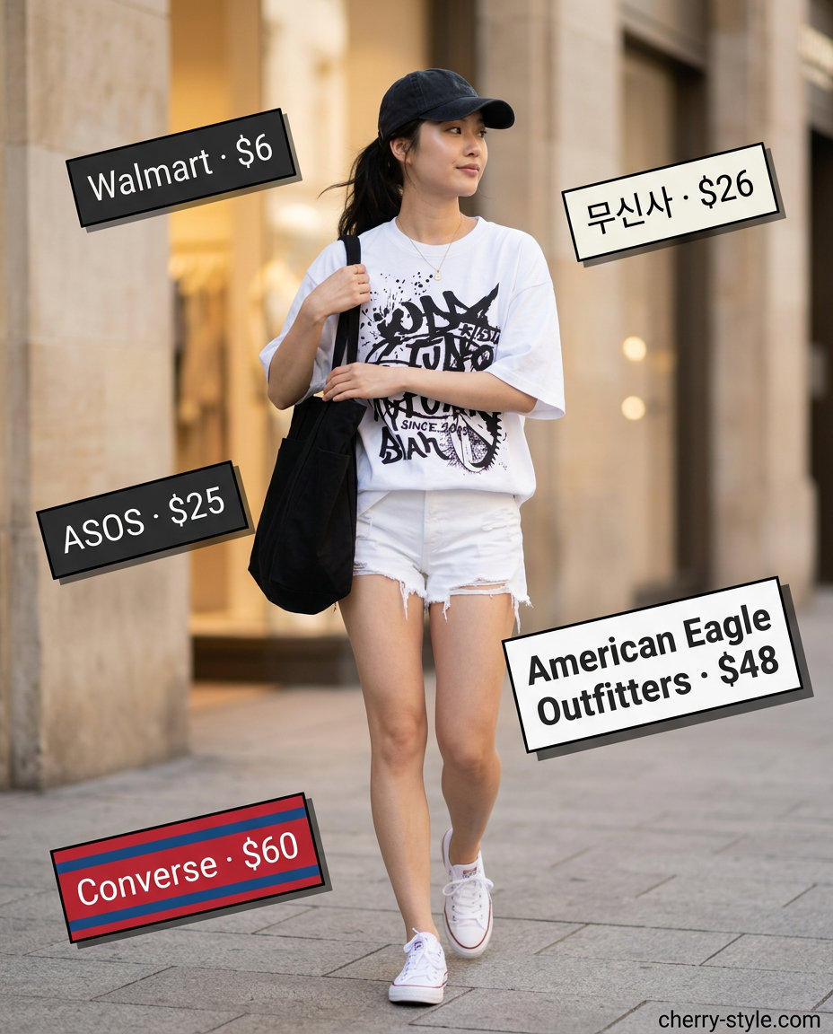 Casual Comfort White Shorts Outfit Summer 2026 What to Wear with White Shorts Summer 2026: Casual comfort outfit with white denim shorts, graphic tee, canvas sneakers, and baseball cap.