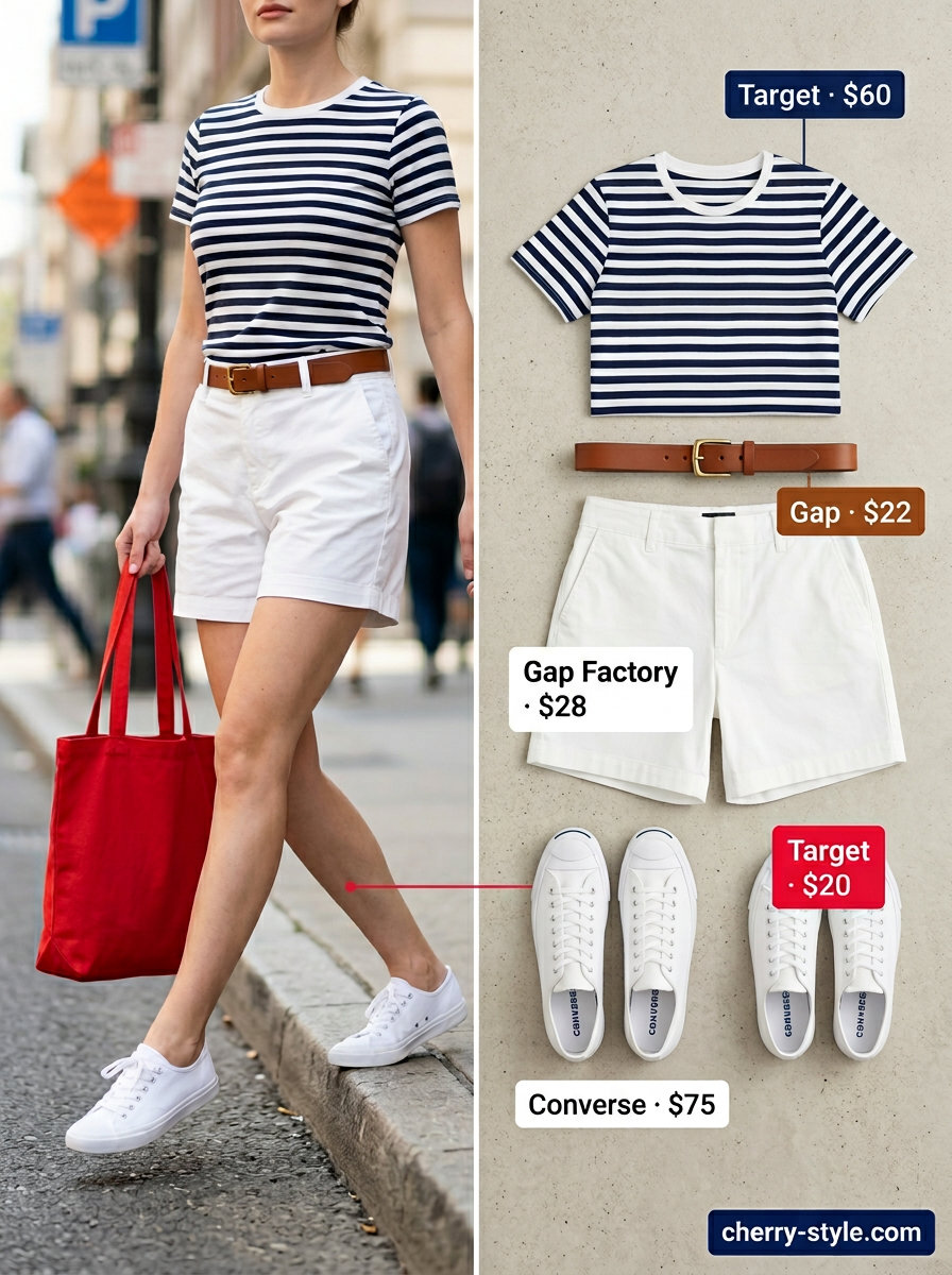 Casual White Shorts Outfit Summer 2026 What to Wear with White Shorts Summer 2026: Casual navy and white striped tee, white shorts, belt, red tote, and sneakers for errands.