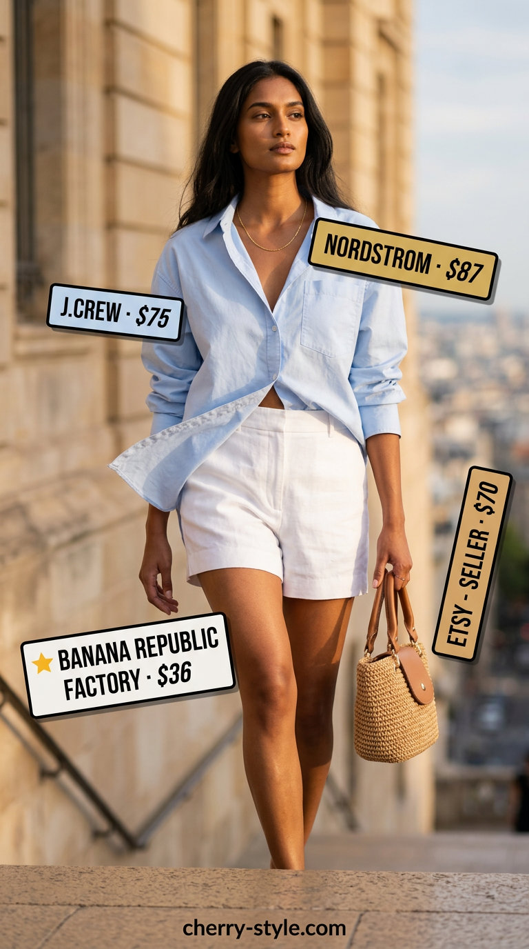 Coastal White Shorts Outfit 2026 What to Wear with White Shorts Summer 2026: Casual coastal outfit with white linen shorts, blue shirt, and straw tote.