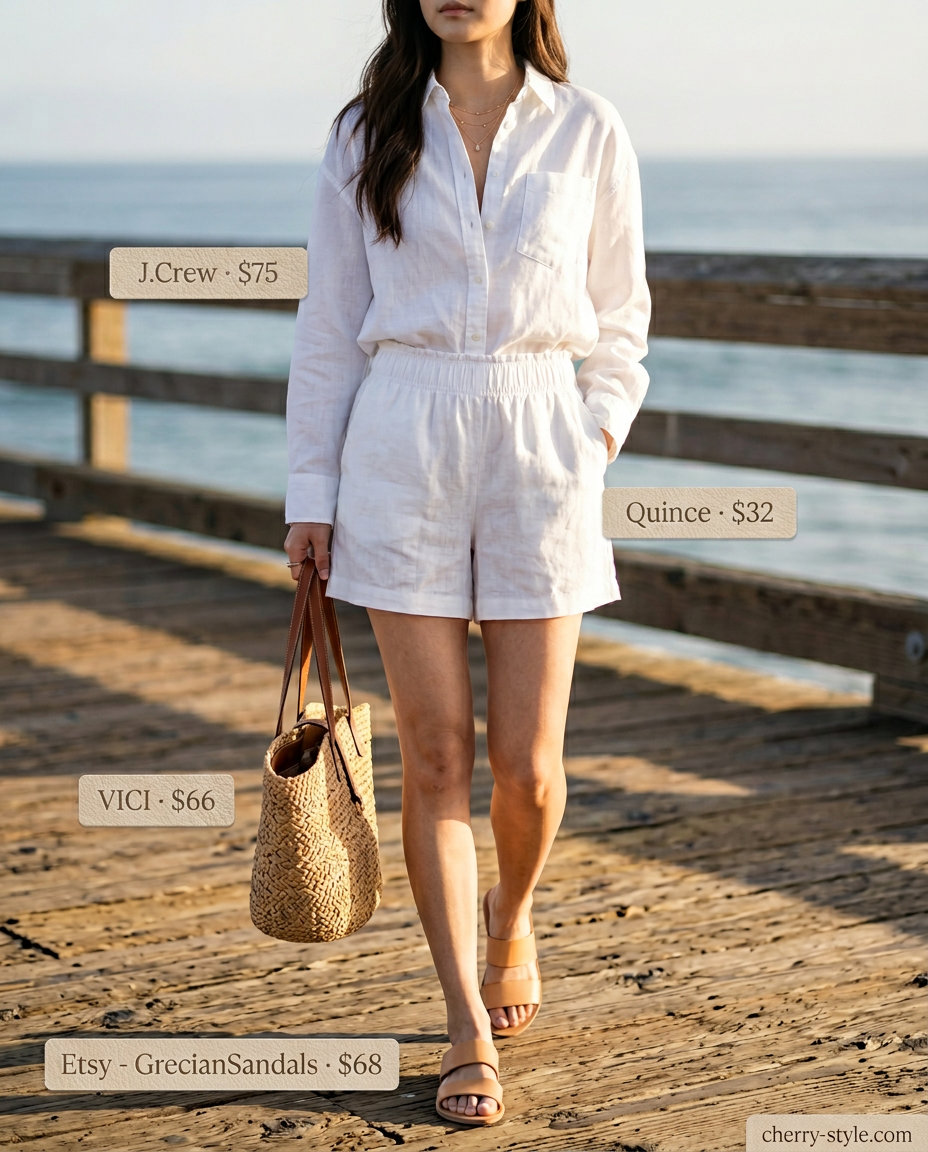 Coastal Breeze: What to Wear with White Shorts Summer 2026 What to Wear with White Shorts Summer 2026: Coastal linen outfit with white shorts, oversized shirt, and straw tote.