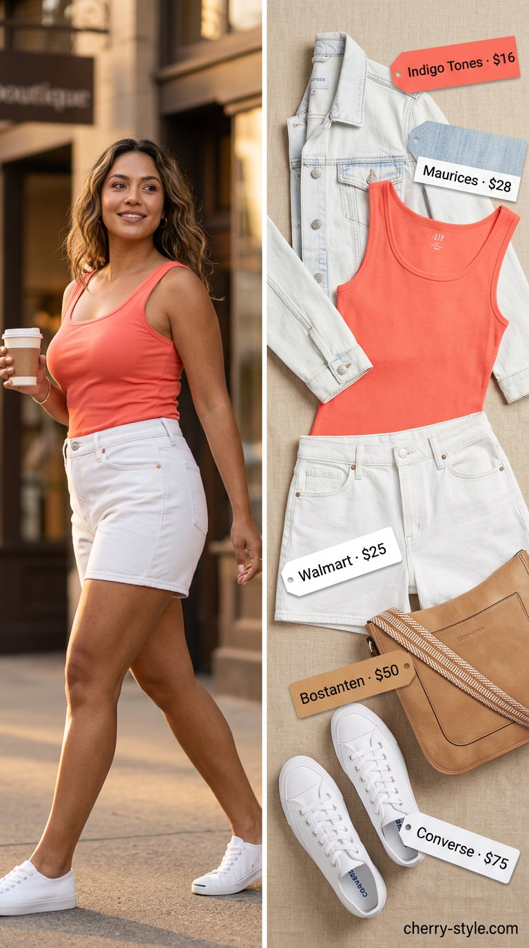 Casual White Shorts Weekend Outfit 2026 What to Wear with White Shorts Summer 2026: Casual weekend outfit with white denim shorts, coral tank, and denim jacket.