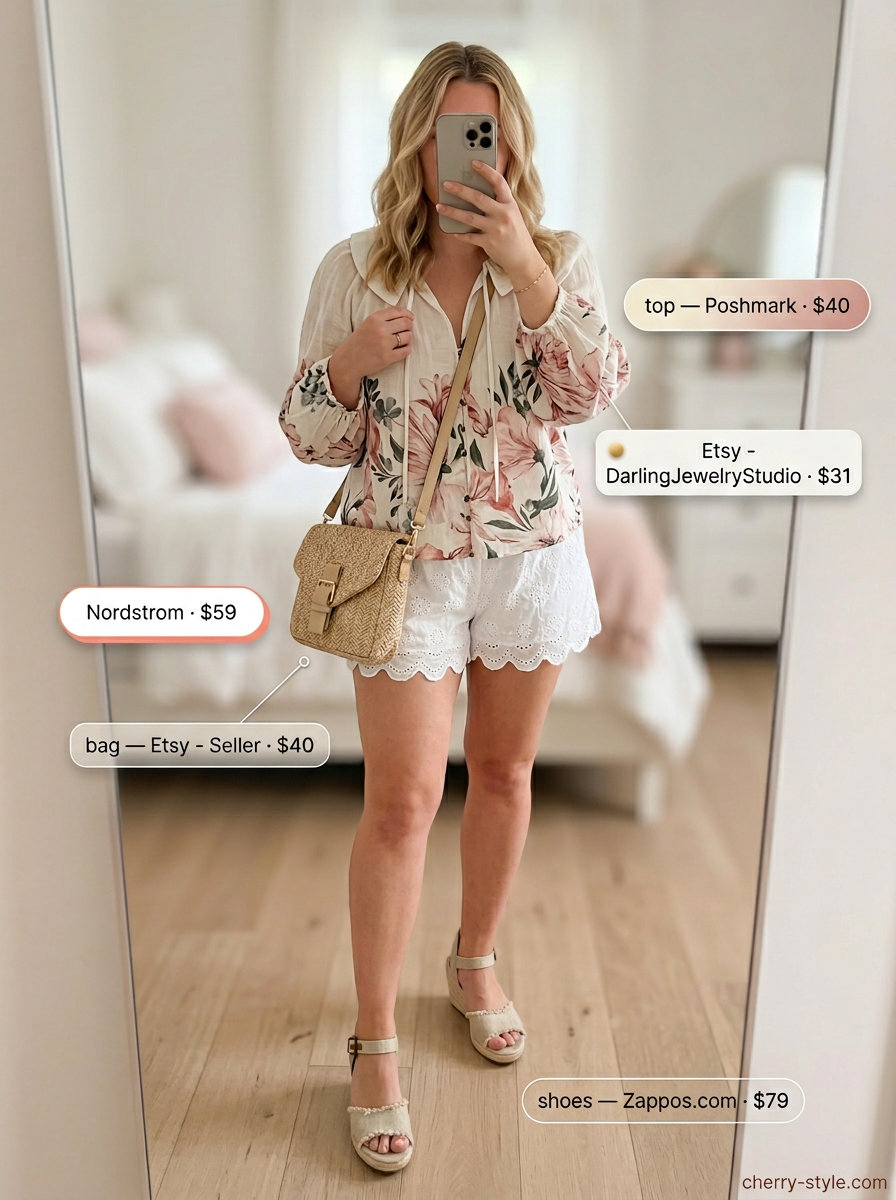 Garden Party White Shorts Outfit 2026 What to Wear with White Shorts Summer 2026: Garden party outfit with white eyelet shorts, floral blouse, and espadrilles.
