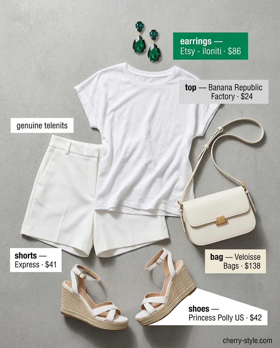 Monochromatic White Shorts Outfit 2026 What to Wear with White Shorts Summer 2026: Monochromatic white outfit with emerald green earrings for a fresh look.