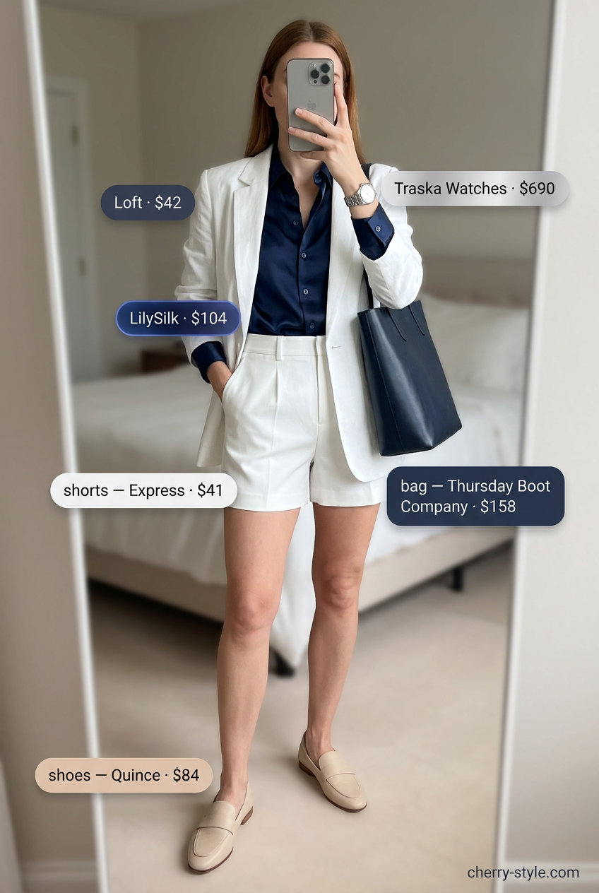 Professional White Shorts Outfit Summer 2026 What to Wear with White Shorts Summer 2026: Polished professional look with tailored white shorts, blazer, silk blouse, and loafers.