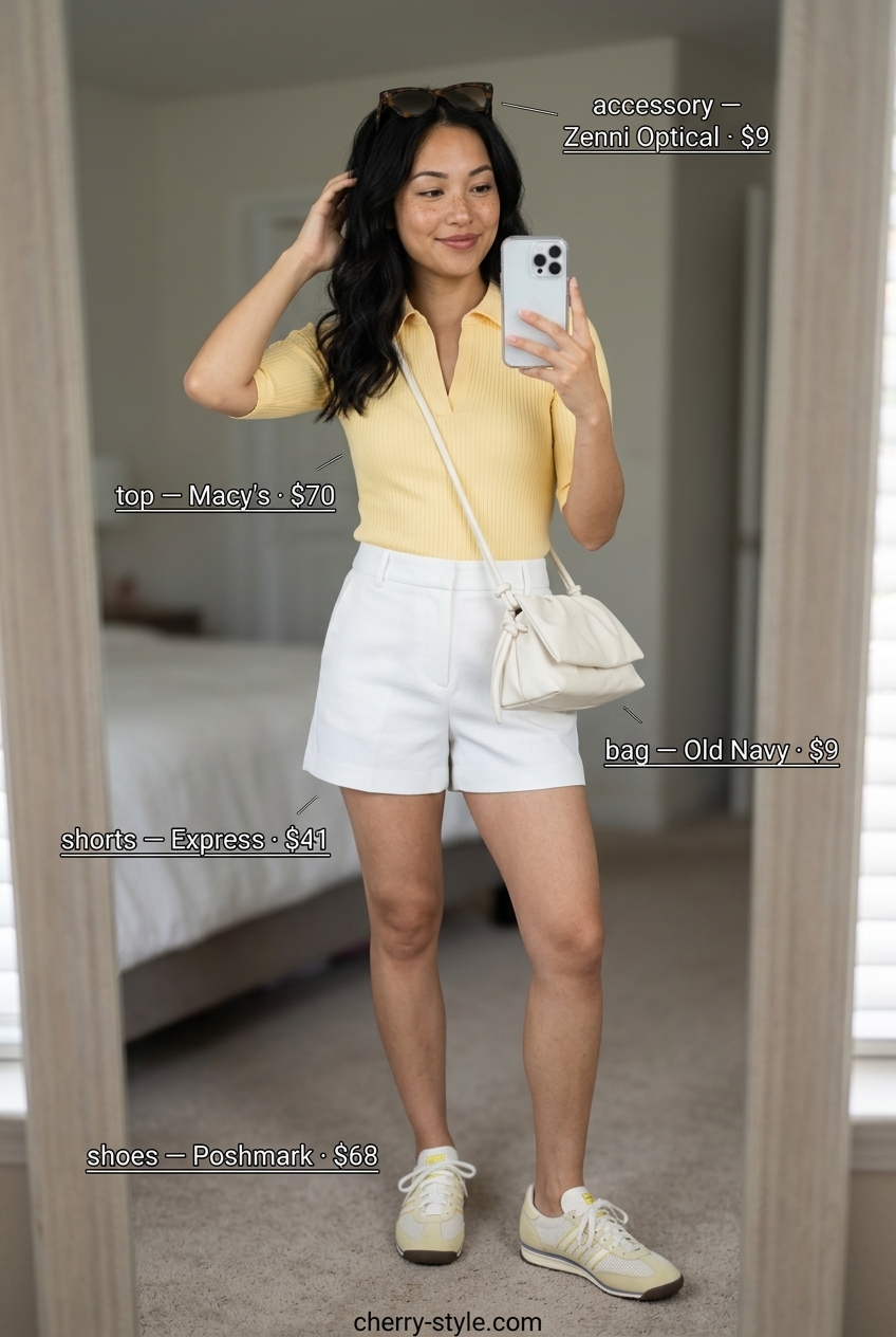 Retro Style: What to Wear with White Shorts Summer 2026 What to Wear with White Shorts Summer 2026: Retro outfit with white shorts, pastel polo, and cat-eye sunglasses.