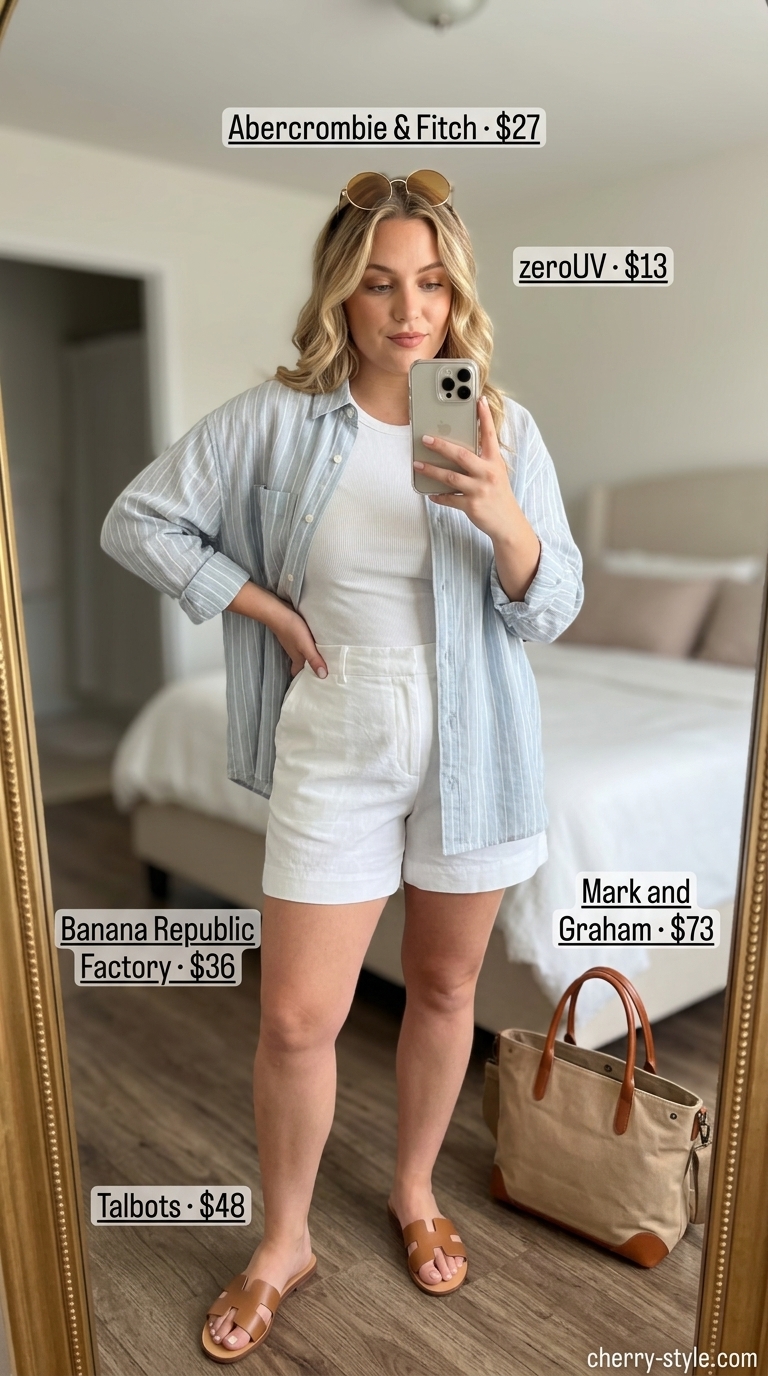 Effortless Vacation Set: What to Wear with White Shorts Summer 2026 What to Wear with White Shorts Summer 2026: Vacation set with white shorts, blue stripe shirt, and leather slides.