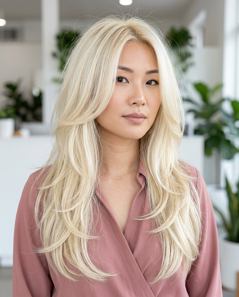 long champagne honey blonde butterfly cut with white honey blonde, yellow-gold warmth, natural hair — ethereal glamour