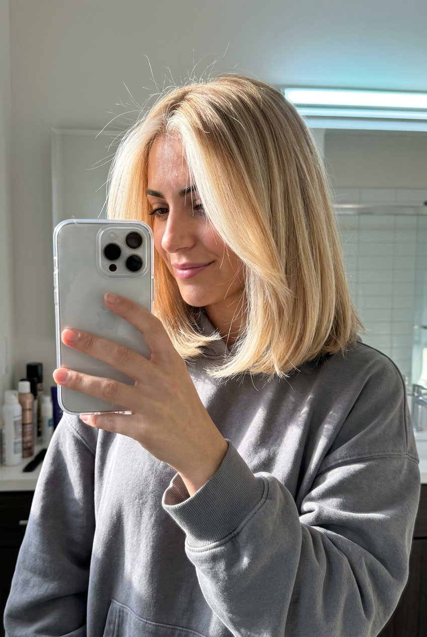 shoulder-length champagne honey blonde lob with bright white honey, Scandi hairline, natural hair — sun-kissed summer