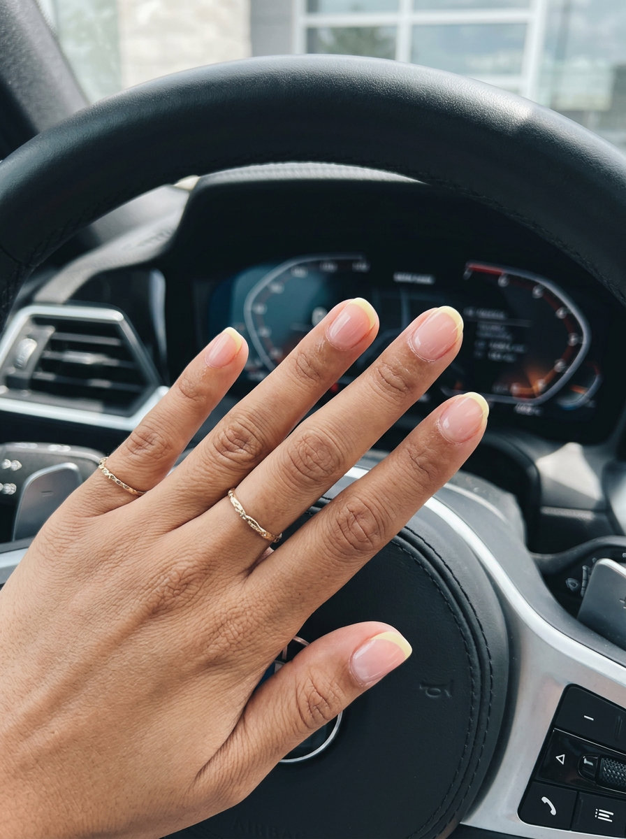 Yellow summer nails 2026: Minimalist butter yellow micro French tips on short almond nails for a polished look.