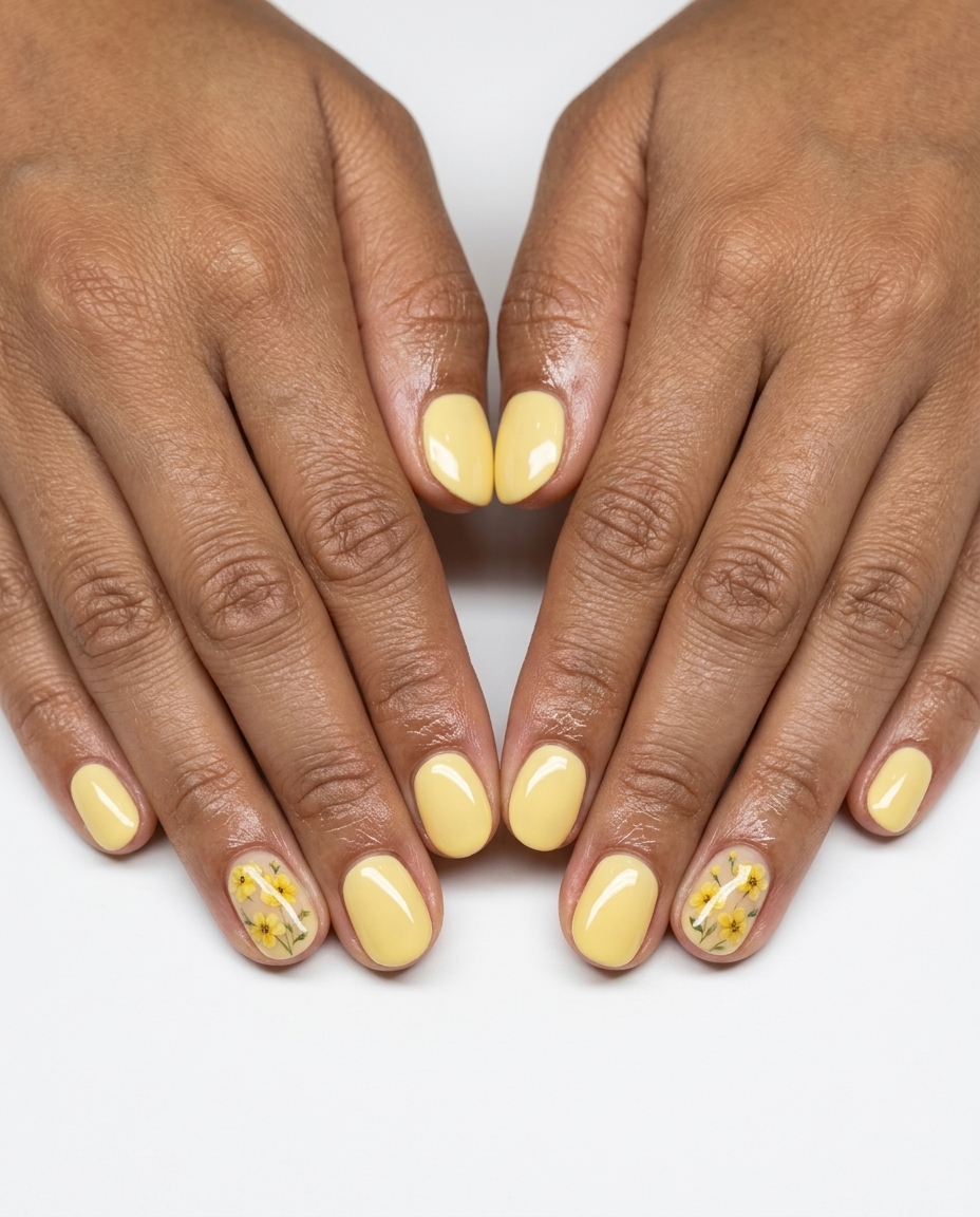 Sweet butter yellow floral decal accent nails for everyday wear. Yellow summer nails 2026.