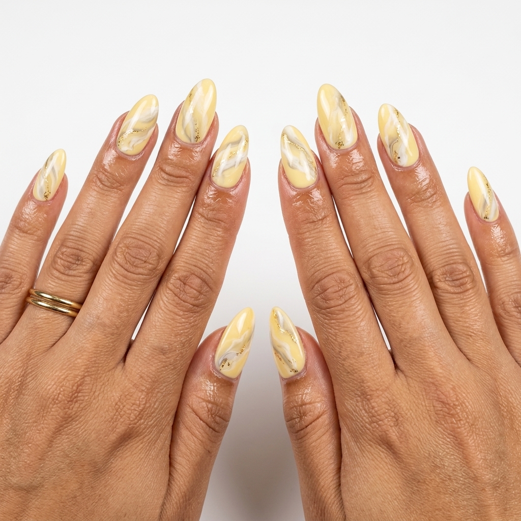 Elegant butter yellow marble nails with gold foil for wedding guest or garden party. Yellow summer nails 2026.