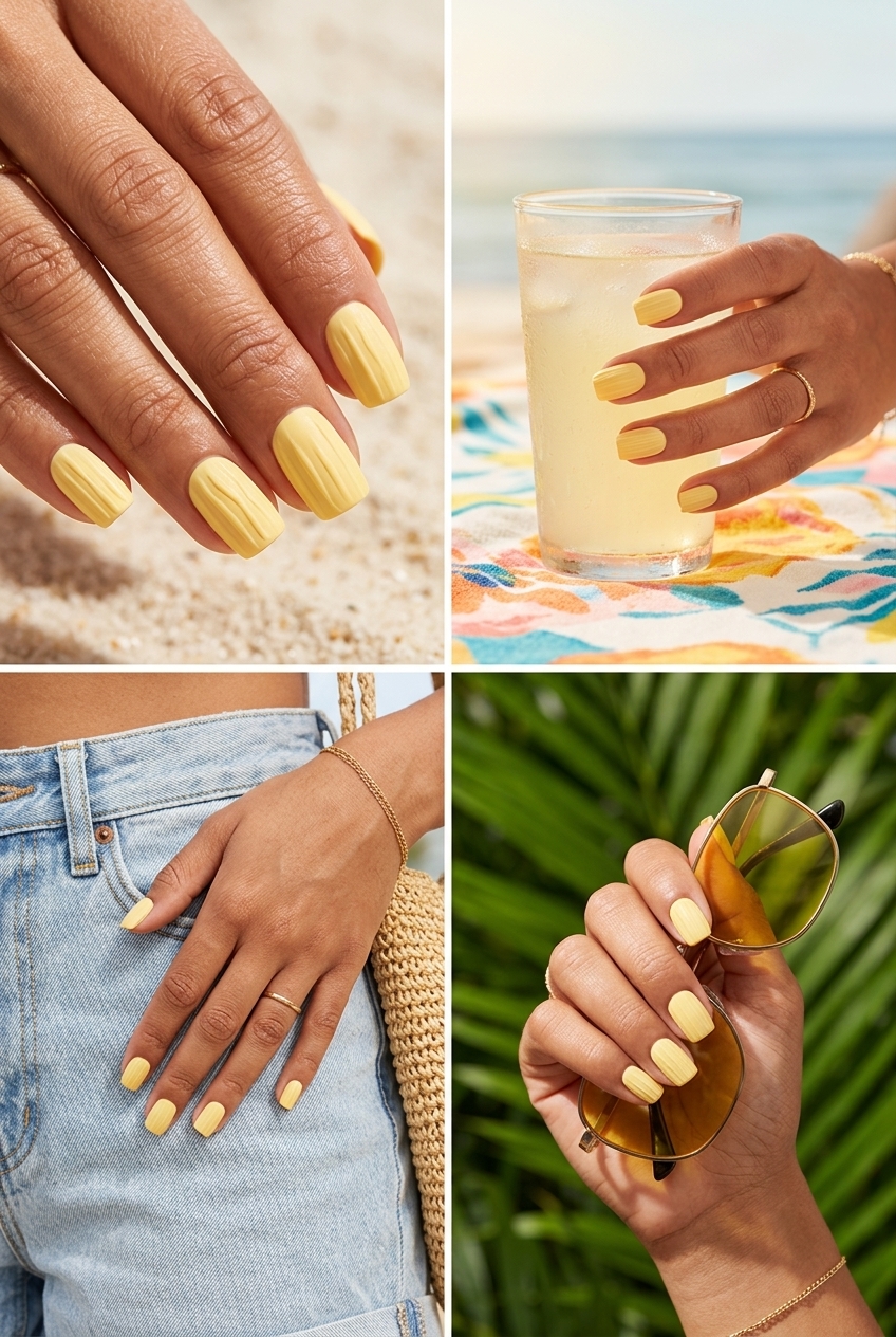 Butter yellow textured lines nails for minimalist style 2026. Sophisticated and chic.