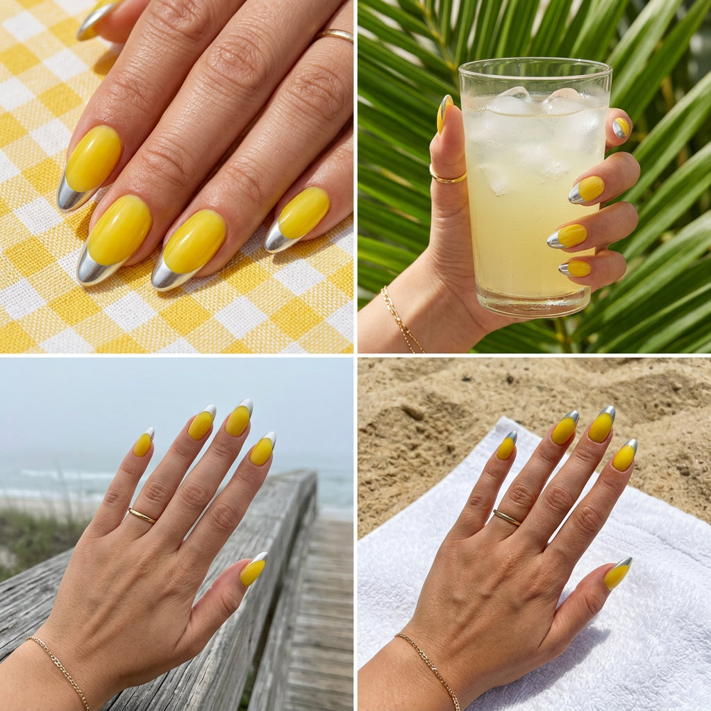 Yellow summer nails 2026: Bold lemon zest yellow jelly with silver chrome French tips on stiletto nails for parties.