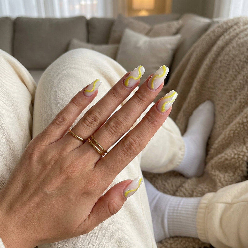 Yellow summer nails 2026: Playful lemon zest holographic swirls on milky white base for festivals and casual outings.