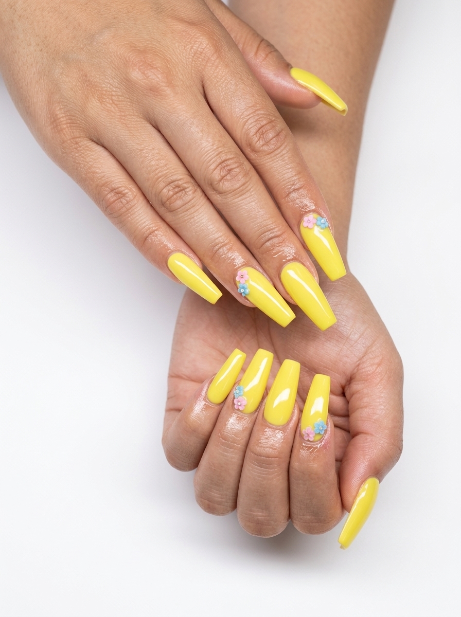Bright lemon zest yellow stiletto nails with pastel floral charms for summer 2026. Playful and whimsical.