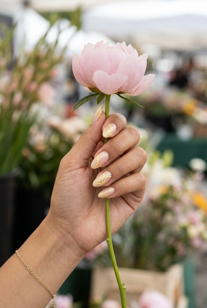 Romantic lemon zest shimmer lines on nude nails for date night. Yellow summer nails 2026.