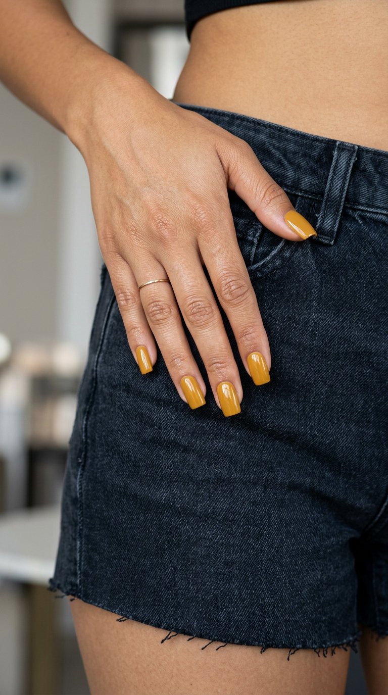 Yellow summer nails 2026: Sophisticated mustard yellow glossy square nails for date night and evening events.