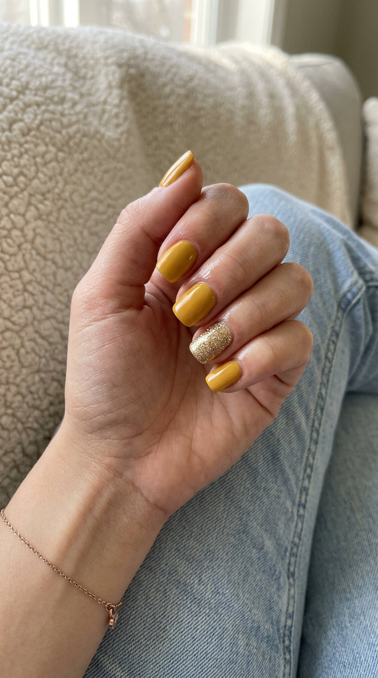 Glamorous mustard yellow coffin nails with gold glitter accent for weekend getaways. Yellow summer nails 2026.
