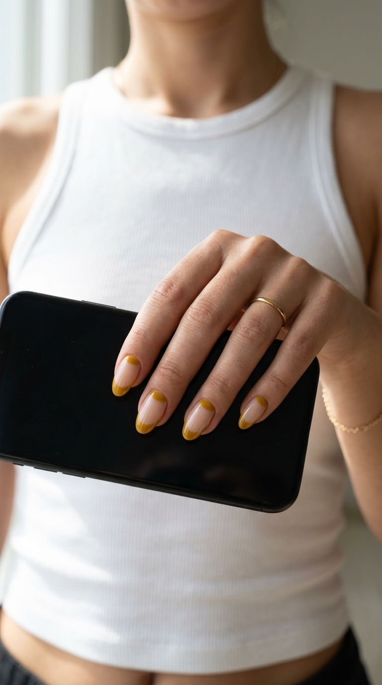 Retro mustard yellow reverse French moon nails for date night or work. Yellow summer nails 2026.