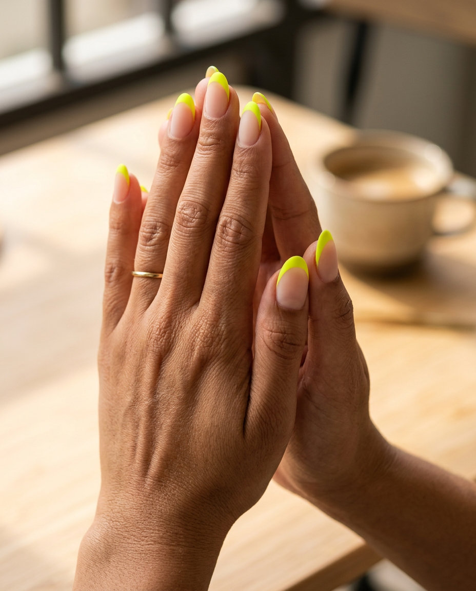 Yellow summer nails 2026: Edgy neon yellow matte French tips on tapered coffin nails for festivals and street style.