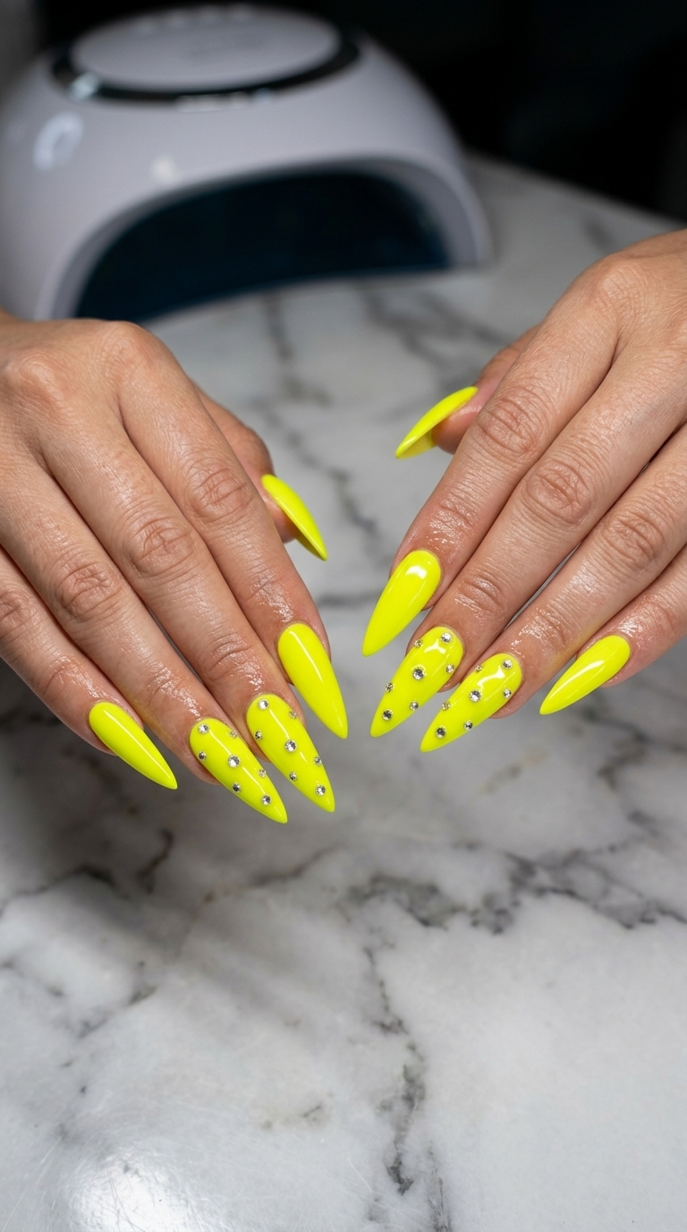 Yellow summer nails 2026: Energetic neon yellow with clear rhinestones for playful summer parties and festivals.