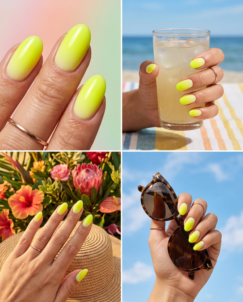 Neon yellow abstract airbrush nails for summer vacation 2026. Edgy, bold, and futuristic.
