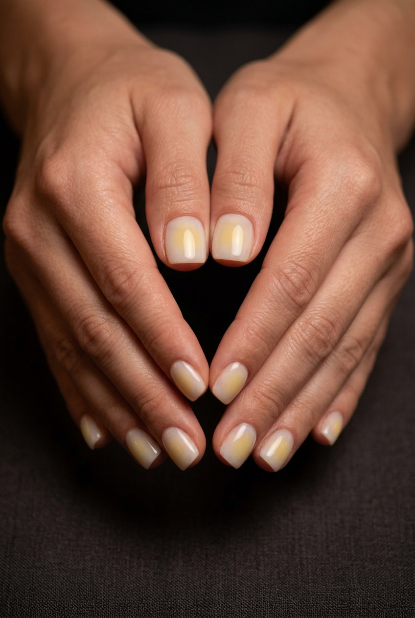 Yellow summer nails 2026: Subtle pale yellow aura gradient on short squoval nails for a minimalist, ethereal look.